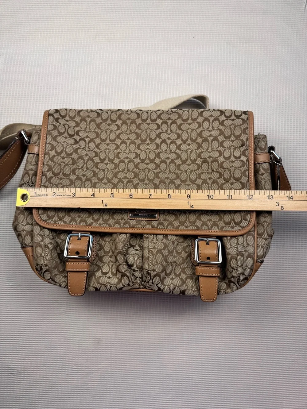 Coach Tan Signature Canvas Messenger Bag with Brown Leather Trim